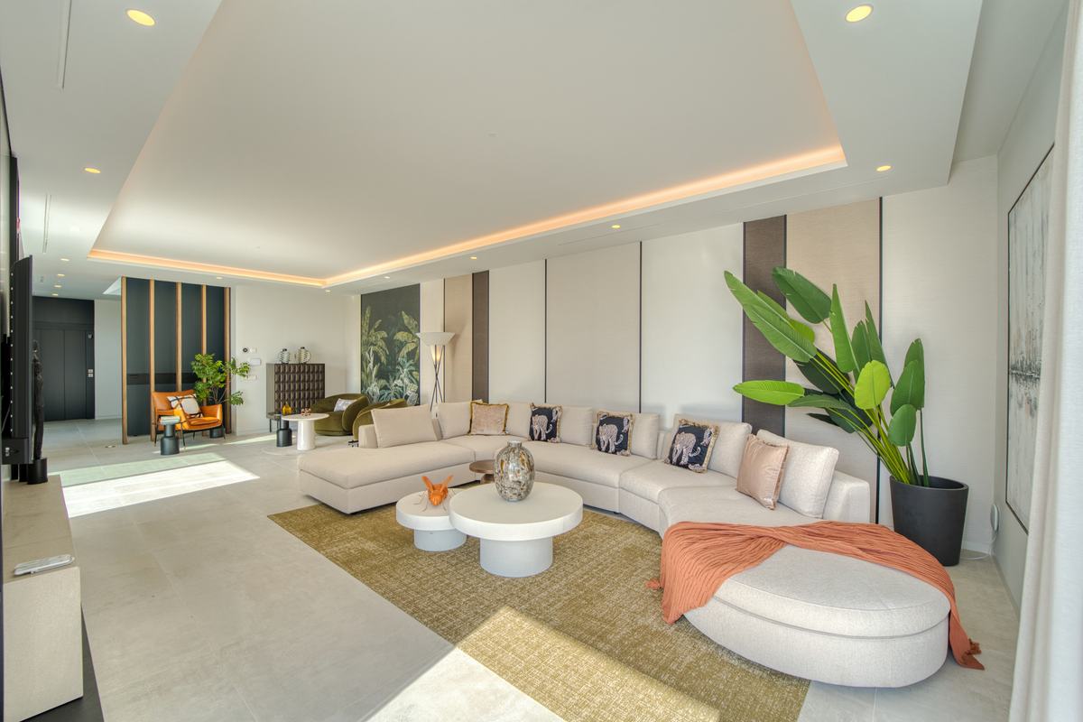 Open-plan living room with cream sectional and planting